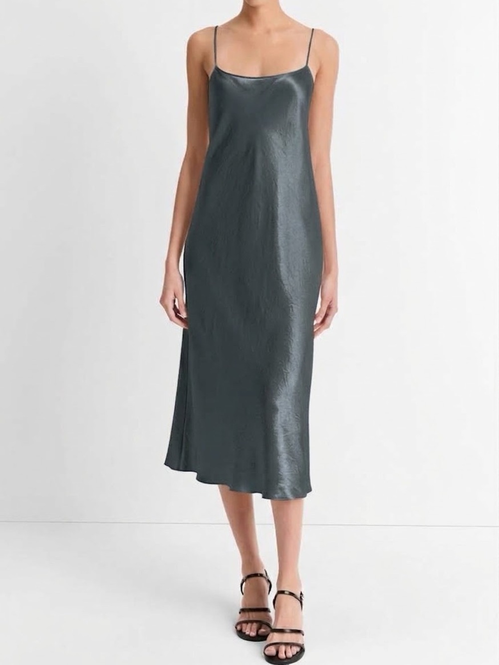 Vince Olive Green Satin Midi Slip Dress - Large